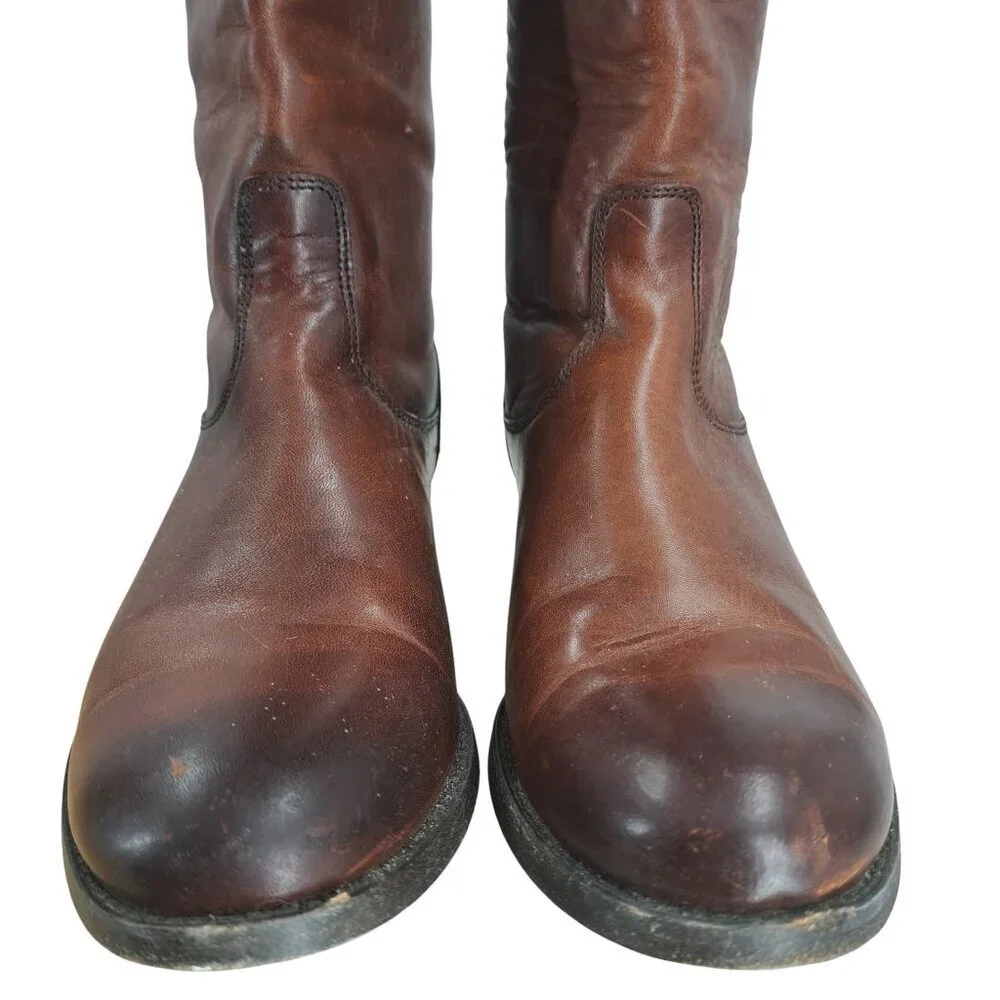 Frye Melissa Knee High Leather Brown Riding Boots Size 6.5 Distressed Snap Zip